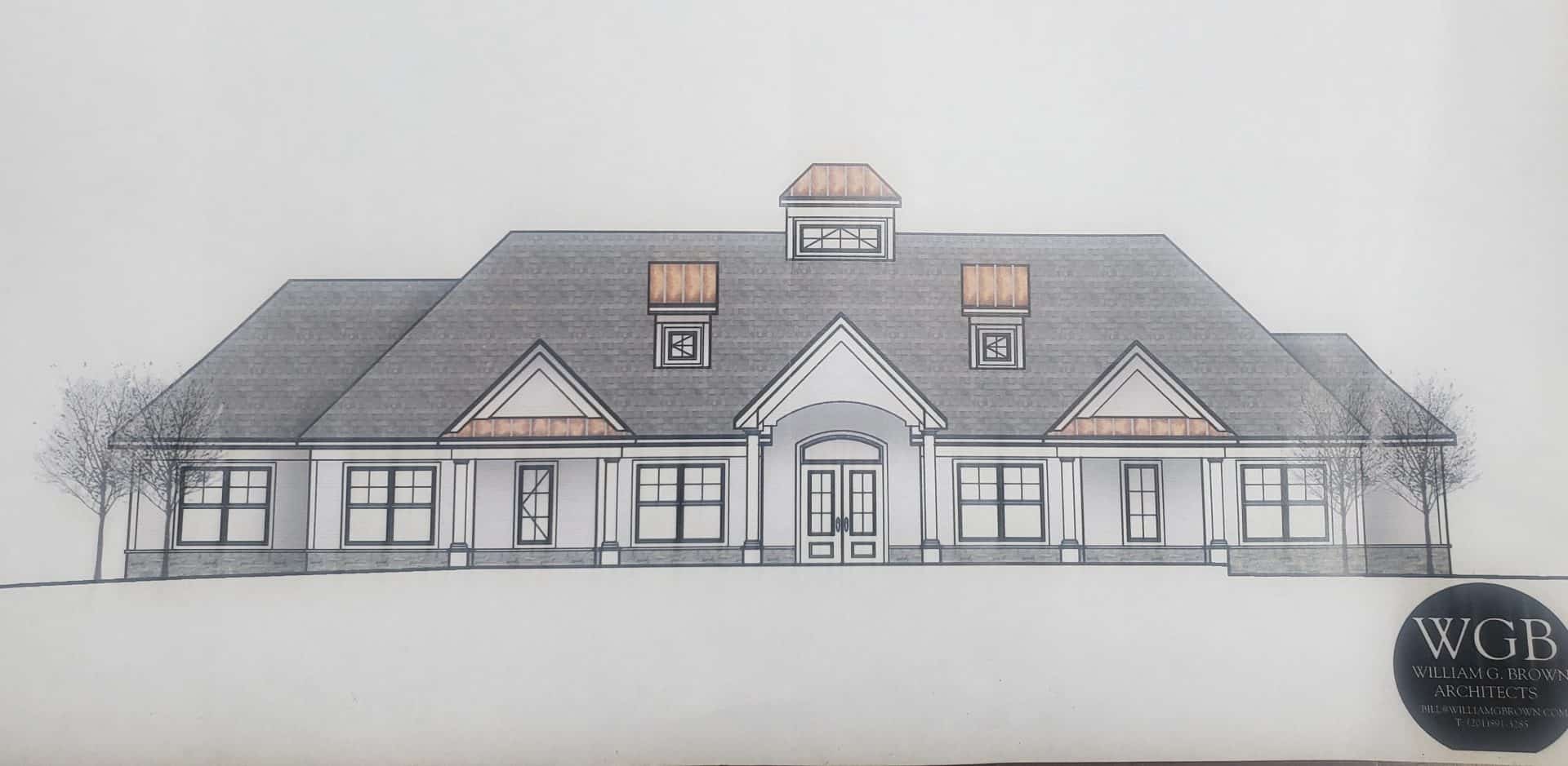 Architect drawing of a new ranch style home under contsruction.